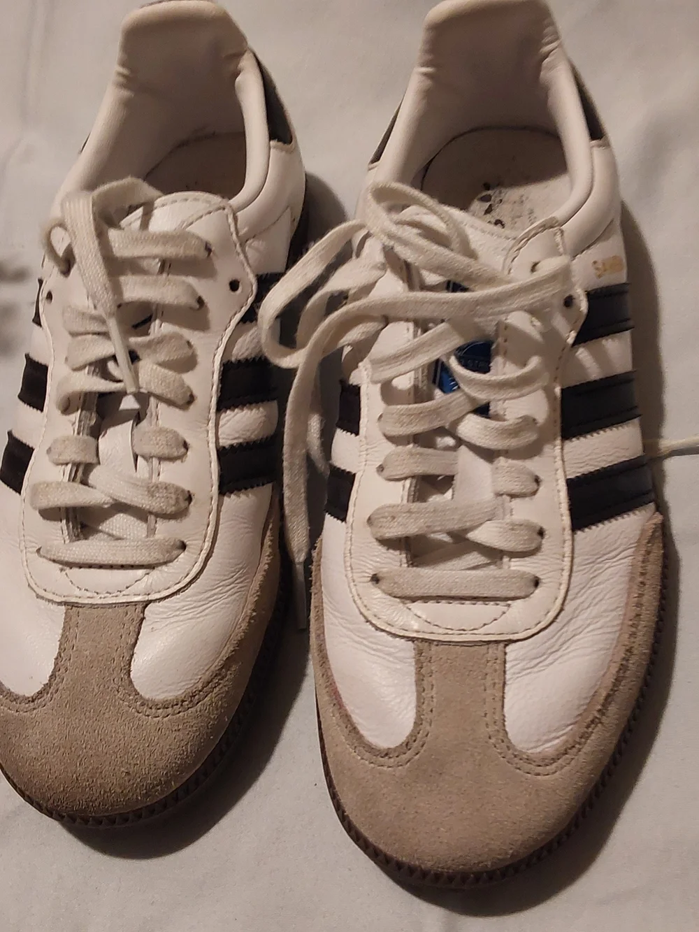adidas White Sneakers with Black Stripes and Tan Accents - Kids